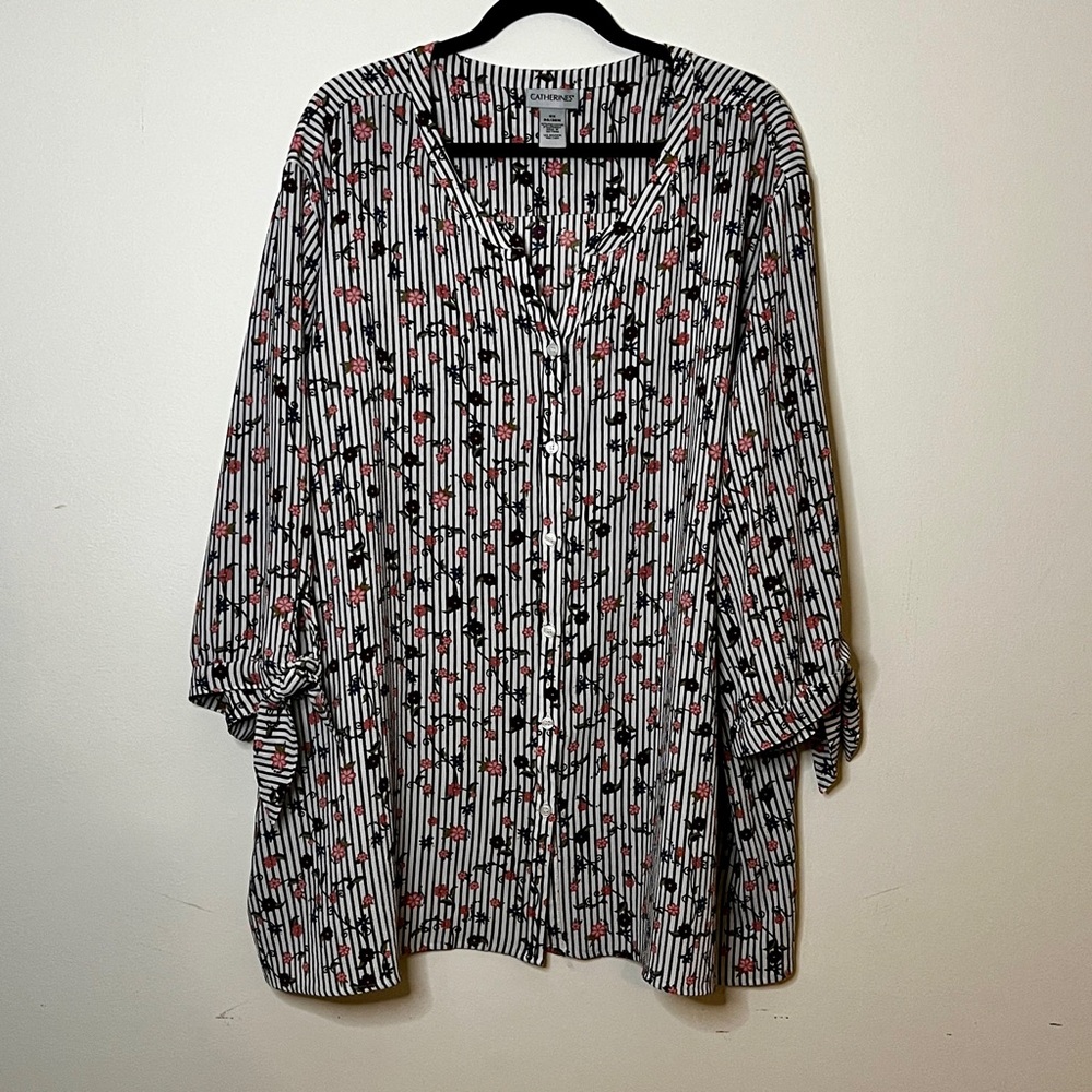 Striped Floral Women's Tunic Length Blouse 3/4 Sleeves W/Tie Detail Lightweight